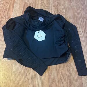 Black Long Sleeve Crop Top with Rhinestones